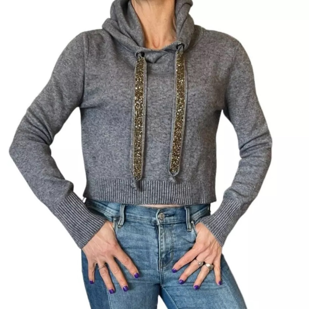 Zara Knit Women's  Gray Pullover Cropped Hoodie Embellished Small -NWOT